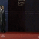 Obama greets the president of South Korea on a skateboard