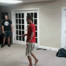 Exercise ball collision sends kid through the door