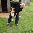 Opening beer with chainsaw